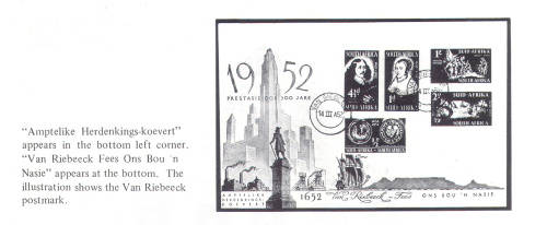 UNION 1952 COVER COMMEMORATING VAN RIEBEECK'S LANDING ON 6 APRIL 1652 (MORE BELOW)