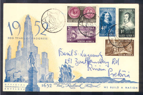 UNION 1952 COVER COMMEMORATING VAN RIEBEECK'S LANDING ON 6 APRIL 1652 (MORE BELOW)