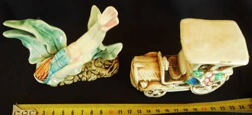 Vintage Fish tank Aquarium porcelain decorations, diver and old car.