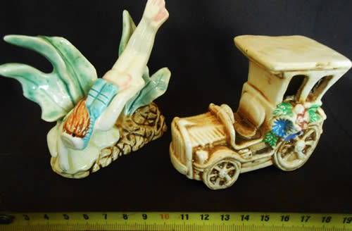 Vintage Fish tank Aquarium porcelain decorations, diver and old car.