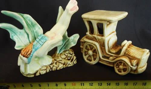 Vintage Fish tank Aquarium porcelain decorations, diver and old car.