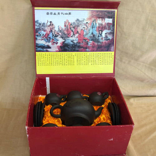 Genuine Yixing Brown Teapot with Six Cups and Saucers