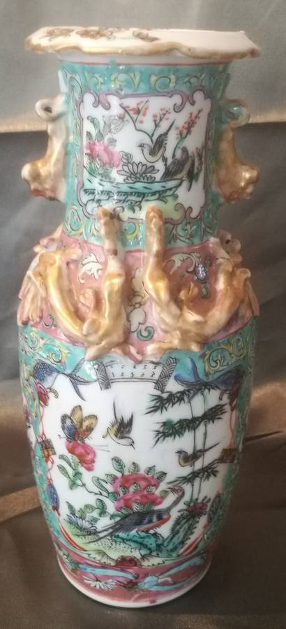 Antique Chinese Famille Rose Porcelain Vase with Gild dragons and Foo Dog Handles