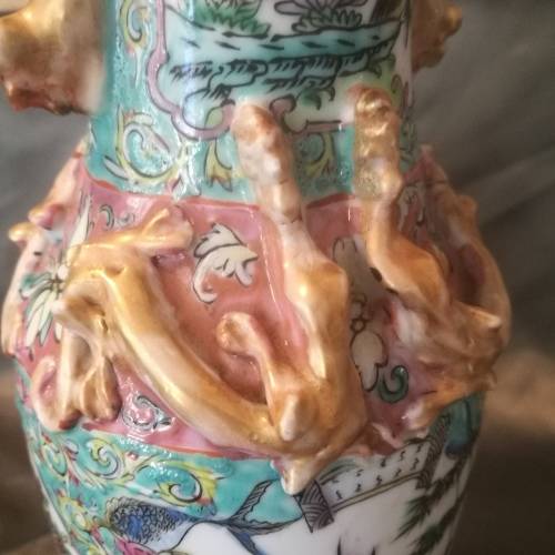 Antique Chinese Famille Rose Porcelain Vase with Gild dragons and Foo Dog Handles