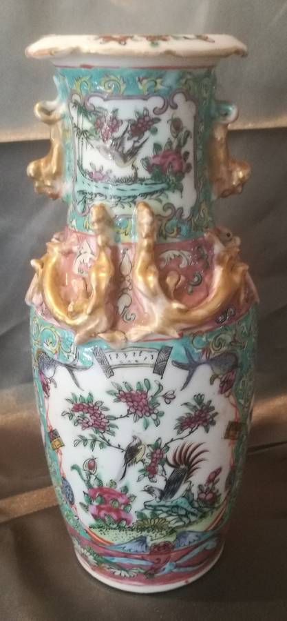 Antique Chinese Famille Rose Porcelain Vase with Gild dragons and Foo Dog Handles