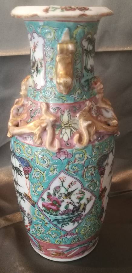 Antique Chinese Famille Rose Porcelain Vase with Gild dragons and Foo Dog Handles