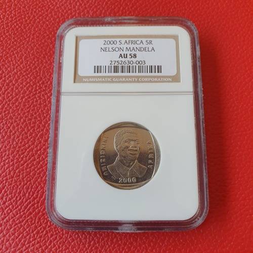 2000 Nelson Mandela South Africa 5R Coin, NGC Graded AU58, Capsule Sealed