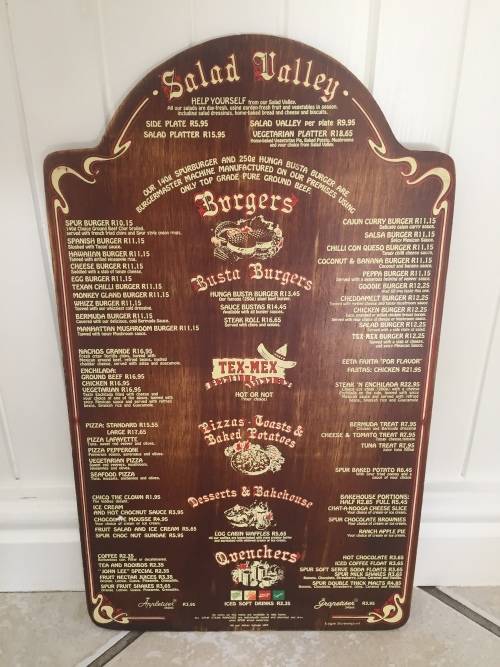 SPUR STEAK RANCHES MENU South Africa NAVAHO SPUR R10.15 BURGER late 1980s/early 1990s