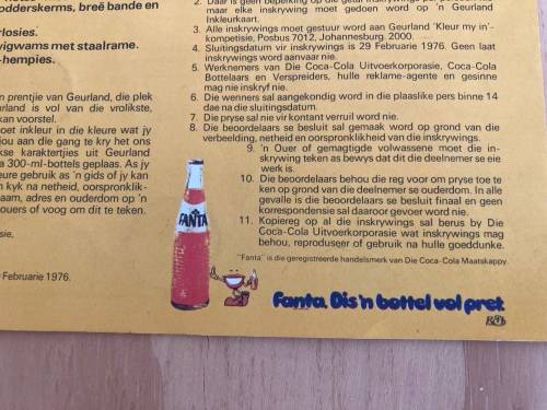 FLAVOUR LAND colour me in FANTA Brochure and bottle liner set 1976 SOUTH AFRICA