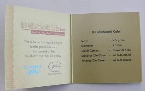 ## 2011 R5 Uncirculated Oom Paul with Mint Mark - with COA ##