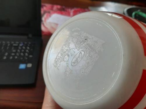 Milk glass bowl with red stripes