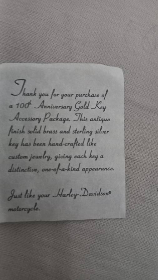 Harley Davidson 100th Anniversary Solid Brass And Sterling Silver Gold Key