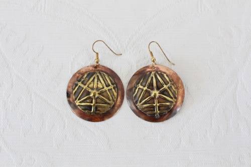 VINTAGE COPPER BRASS HAND MADE DISC DROP EARRINGS - PIERCED