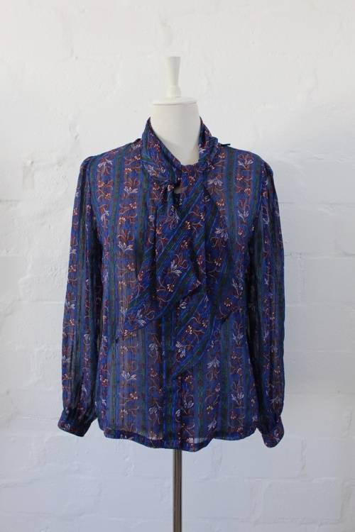 VINTAGE BLUE STRIPED FLORAL PRINT PUSSYBOW TIE LONG SLEEVE BLOUSE SHIRT TOP - SIZE 12