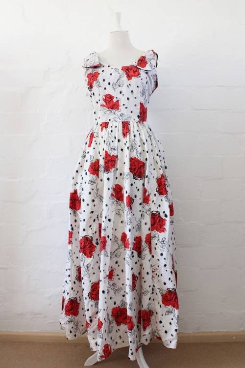 VINTAGE ROSE PRINT POLKA DOT WHITE RED MAXI DRESS - SIZE 12