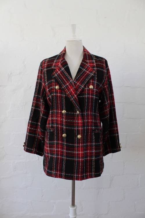 VINTAGE TARTAN CHECK RED BLACK PLAID BLAZER JACKET - SIZE 14