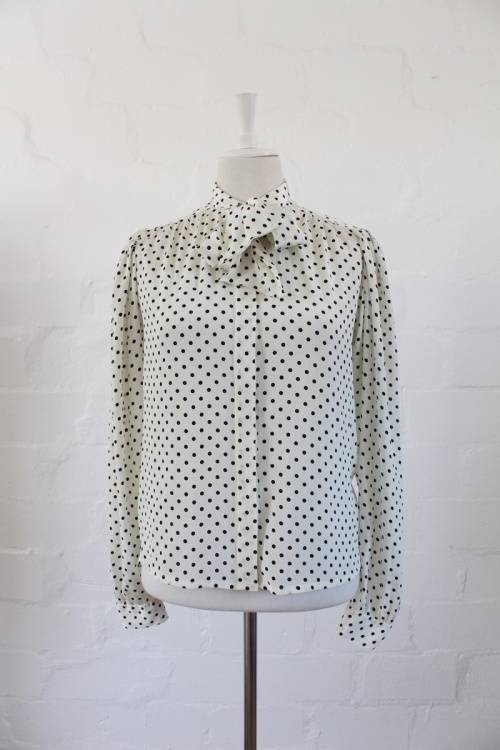 VINTAGE POLKA DOT PRINT PUSSYBOW TIE WHITE BLACK BLOUSE SHIRT TOP - SIZE 12