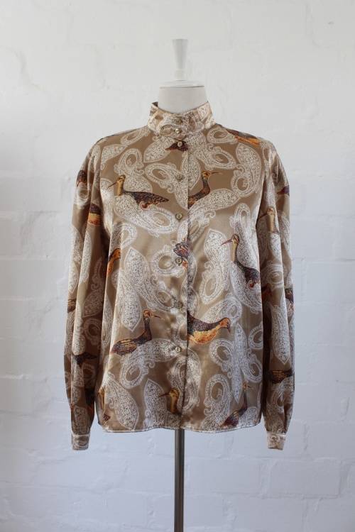 VINTAGE GOLD PAISLEY BIRD PRINT LONG SLEEVE BLOUSE SHIRT TOP - SIZE 12