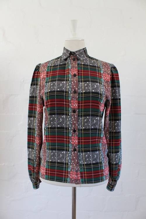 VINTAGE TARTAN PLAID PRINT GREEN RED BLOUSE TOP SHIRT - SIZE 10