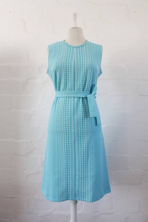 VINTAGE HOUNDSTOOTH PRINT BLUE WHITE SHIFT TIE WAIST DRESS - SIZE 14