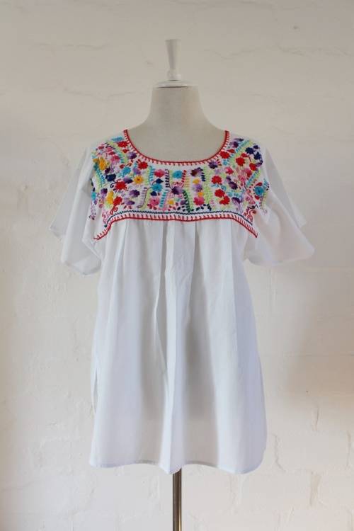 VINTAGE MEXICAN STYLE FLORAL EMBROIDERED WHITE TOP BLOUSE SHIRT - SIZE LARGE