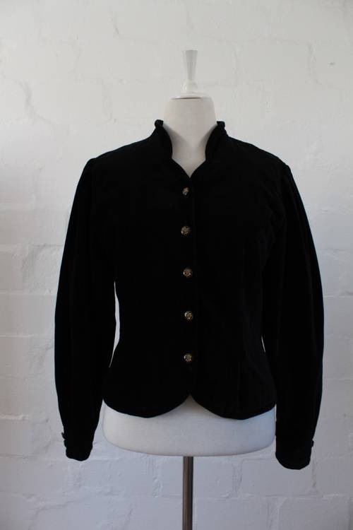 VINTAGE BLACK VELVET HIGH COLLAR JACKET - SIZE 12