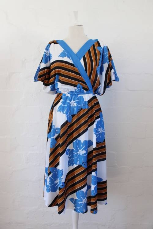 VINTAGE FLORAL WHITE BLUE STRIPED PRINTED CROSS-OVER DAY DRESS - SIZE 16