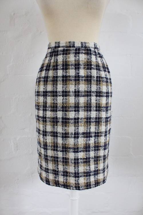 VINTAGE CHECK WHITE NAVY PENCIL SKIRT - SIZE 6