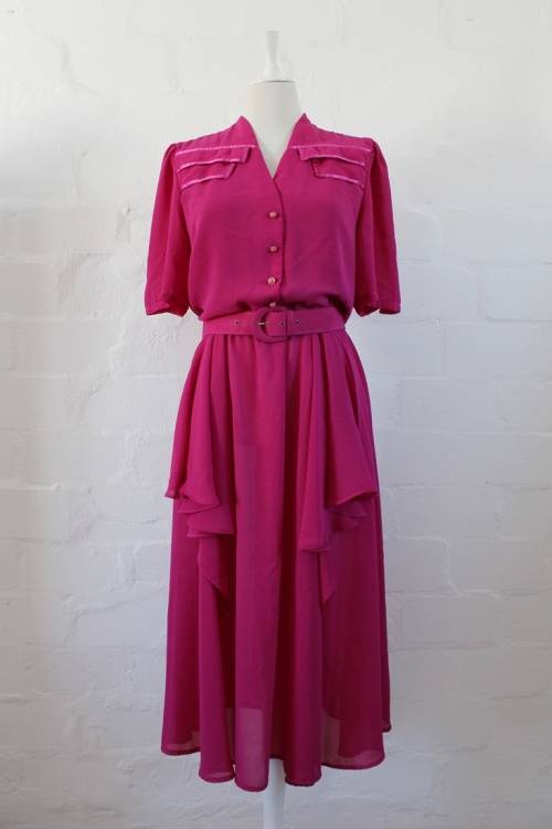 VINTAGE FUCHSIA PINK PEPLUM BELTED COCKTAIL DRESS - SIZE 16