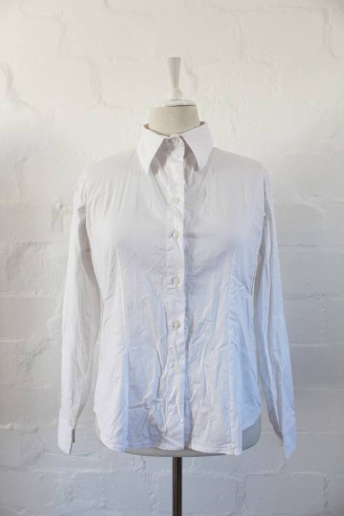 VINTAGE WHITE STRETCH COTTON LONG SLEEVE SHIRT TOP BLOUSE - SIZE 12