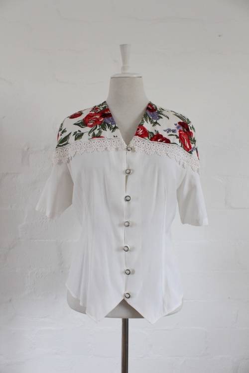 VINTAGE FLORAL PRINT WHITE LACE TRIM BLOUSE SHIRT TOP - SIZE 12