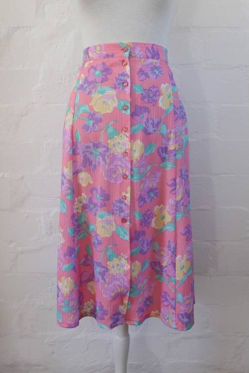 VINTAGE PASTEL PINK FLORAL PRINT HIGH WAIST BUTTON DOWN SKIRT - SIZE 14
