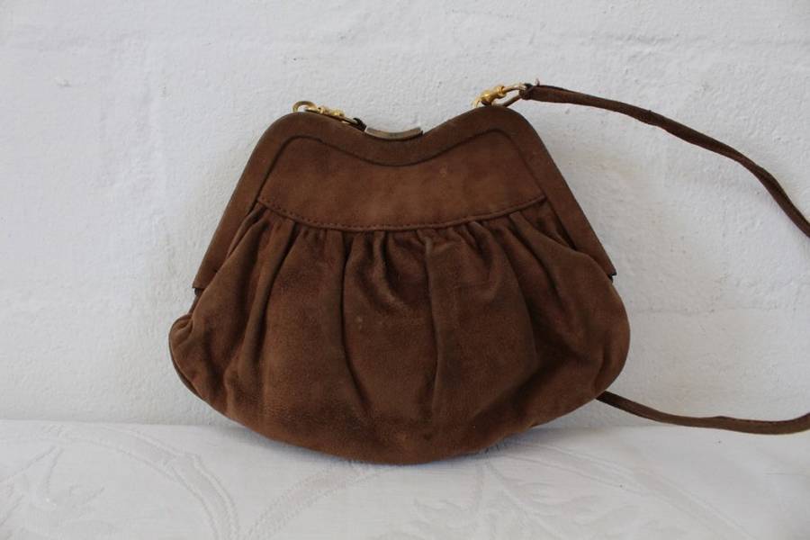 VINTAGE GENUINE SUEDE LEATHER BROWN TAN MINI SLING BAG HANDBAG