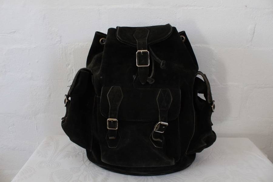 VINTAGE GENUINE SUEDE LEATHER BLACK RUGSACK BACKPACK BAG