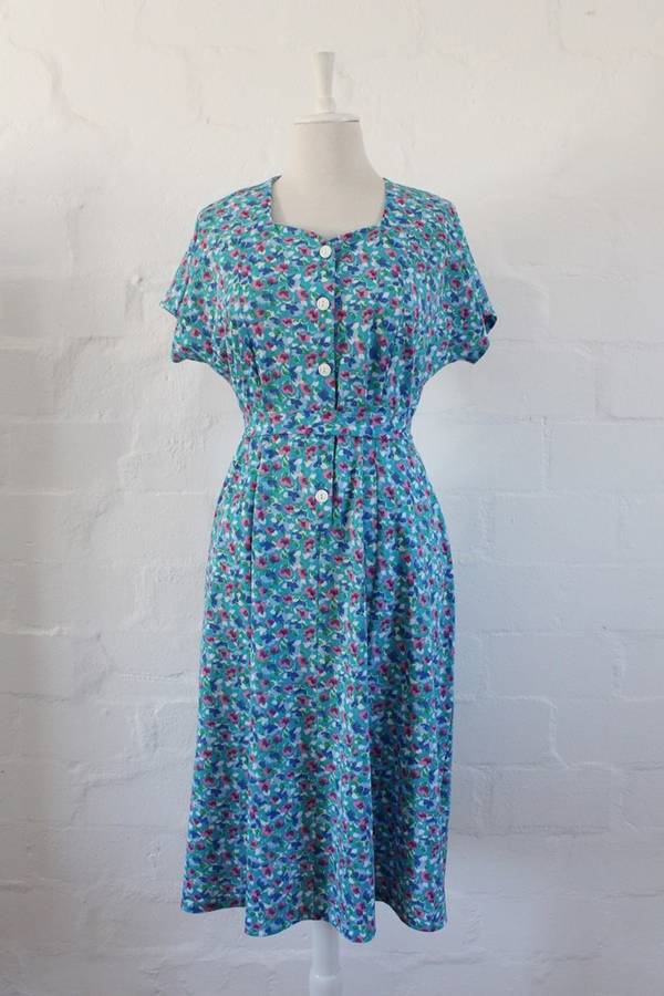 VINTAGE BLUE FLORAL PRINT TIE WAIST DAY DRESS - SIZE 16