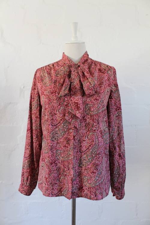 VINTAGE PAISLEY PINK PRINT PUSSYBOW LONG SLEEVE BLOUSE SHIRT TOP - SIZE 16