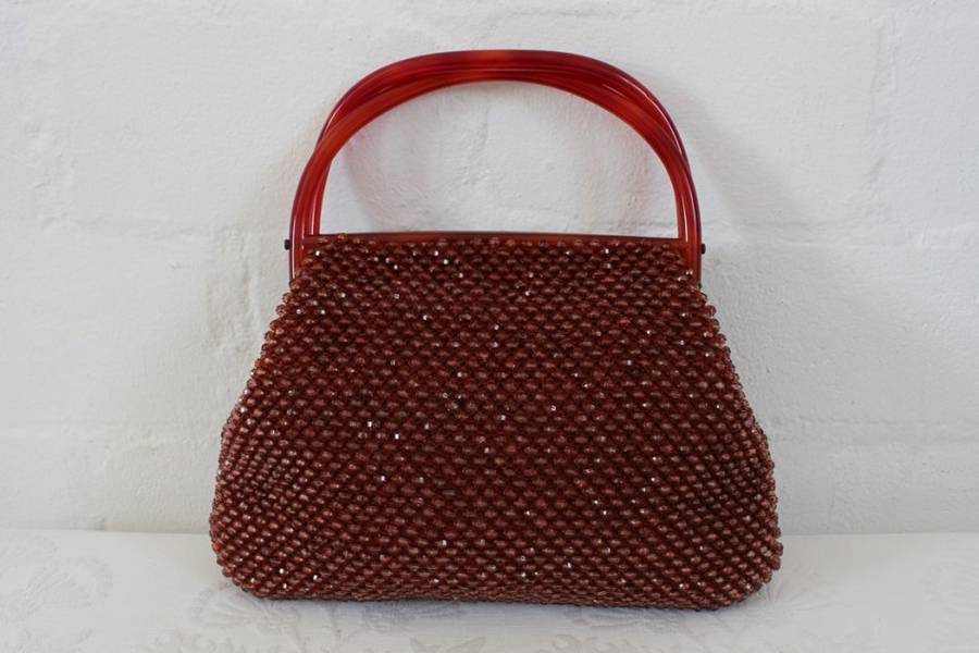 VINTAGE BEADED PLASTIC HANDLES BROWN HANDBAG BAG