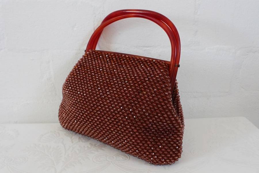 VINTAGE BEADED PLASTIC HANDLES BROWN HANDBAG BAG
