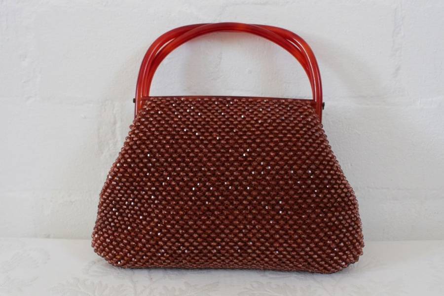 VINTAGE BEADED PLASTIC HANDLES BROWN HANDBAG BAG