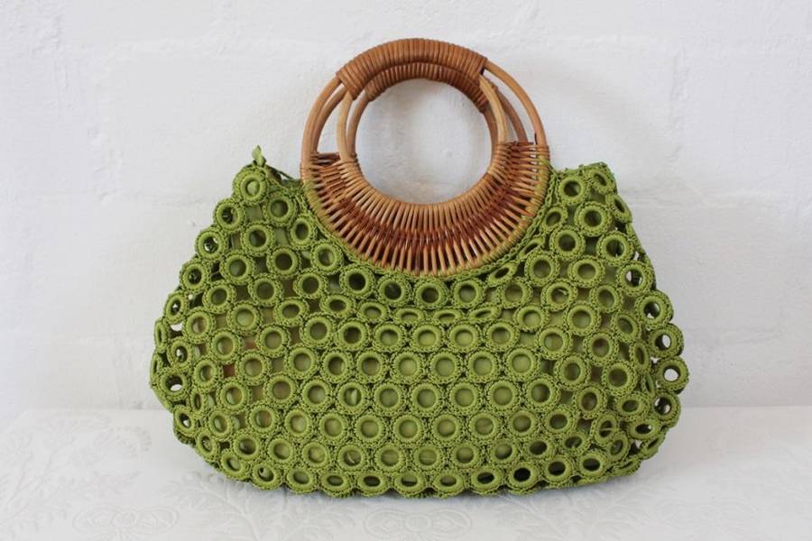 VINTAGE STYLE GREEN CROCHET BAMBOO HANDLES HANDBAG BAG