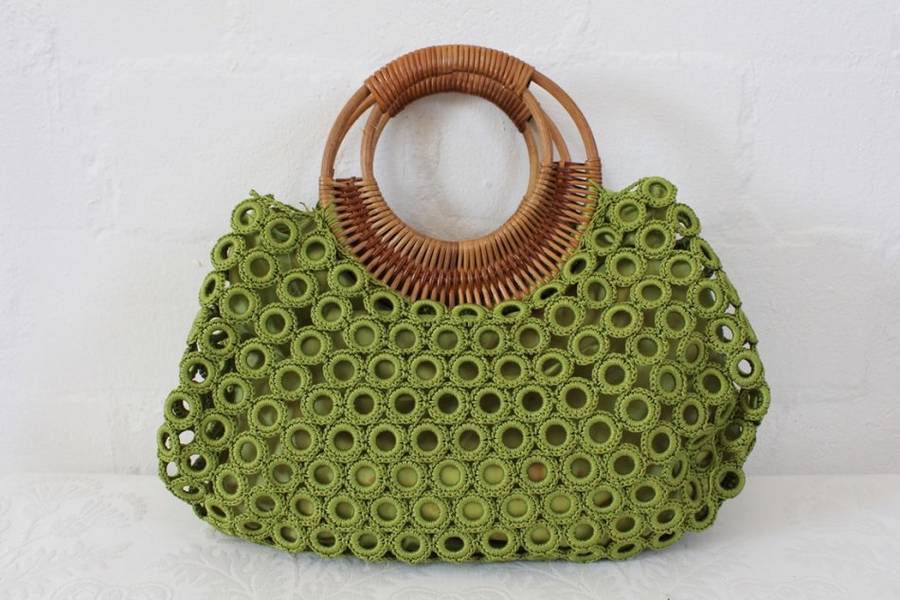 VINTAGE STYLE GREEN CROCHET BAMBOO HANDLES HANDBAG BAG