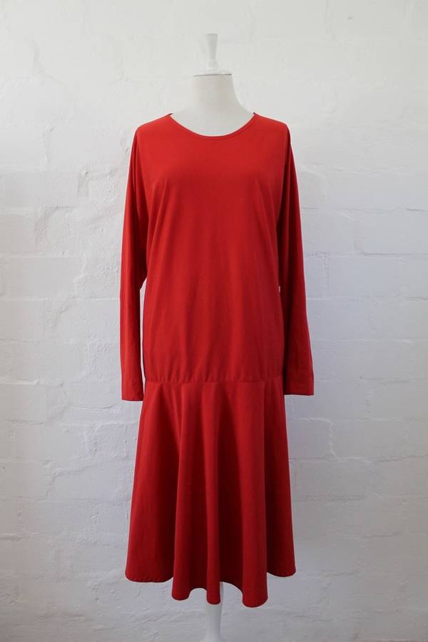VINTAGE RED LONG SLEEVE DROP WAIST DAY DRESS - SIZE 20