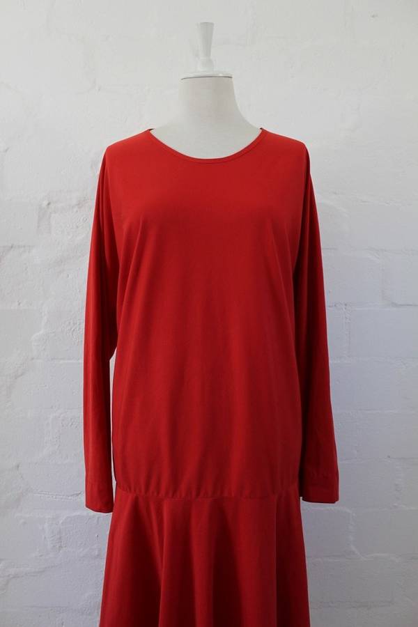 VINTAGE RED LONG SLEEVE DROP WAIST DAY DRESS - SIZE 20