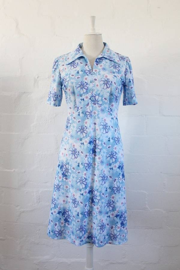 VINTAGE BLUE WHITE FLORAL PRINT DAY DRESS - SIZE 12