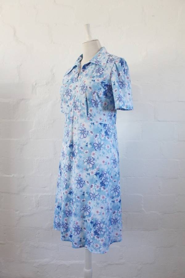 VINTAGE BLUE WHITE FLORAL PRINT DAY DRESS - SIZE 12