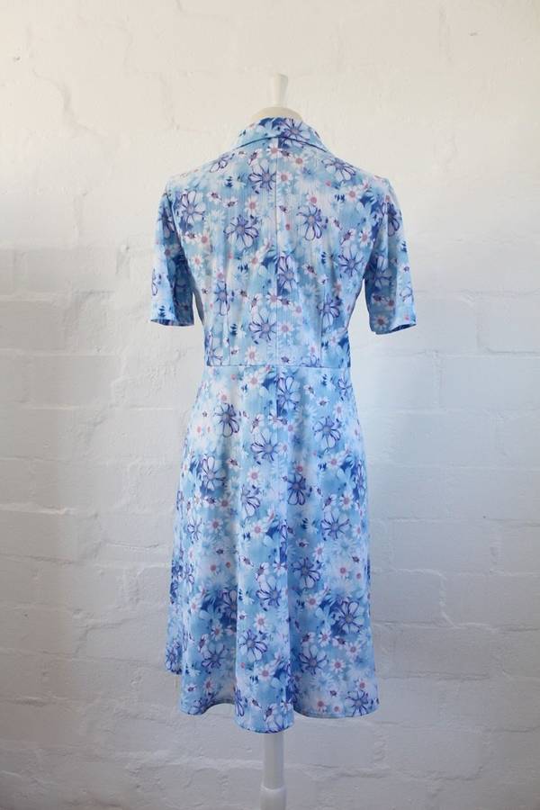 VINTAGE BLUE WHITE FLORAL PRINT DAY DRESS - SIZE 12