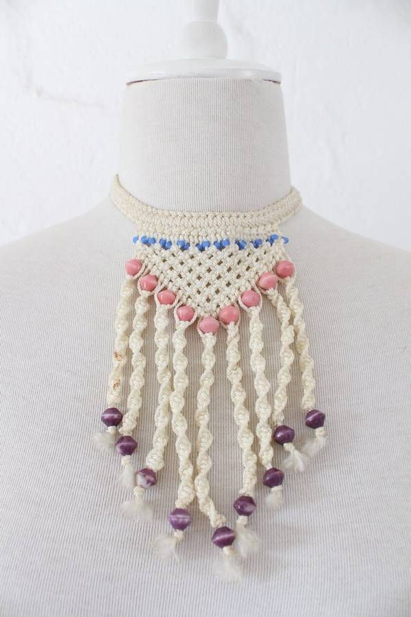 VINTAGE CROCHET MACRAME ROPE BEADED CHOKER FESTIVAL NECKLACE