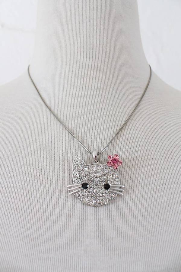 HELLO KITTY RHINESTONE CLUSTER SILVER TONE PENDANT NECKLACE