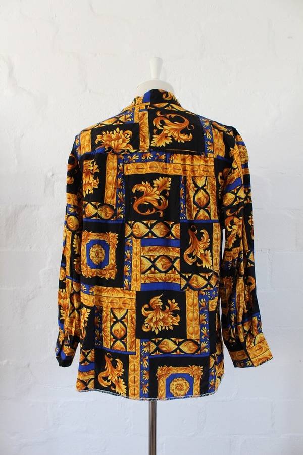 VINTAGE BAROQUE PRINTED GOLD BLACK LONG SLEEVE BLOUSE SHIRT TOP - SIZE 14