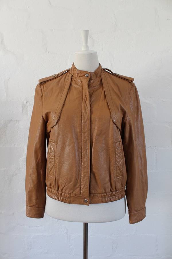 *GENUINE LEATHER* VINTAGE TAN BROWN BOMBER JACKET - SIZE 10